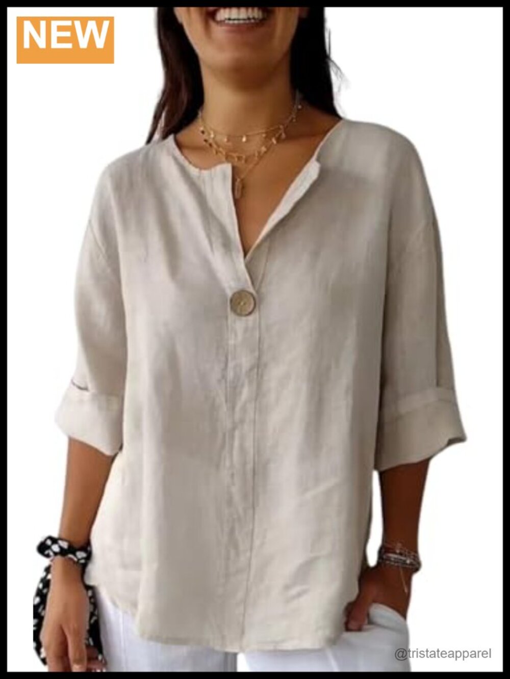 Women's Cotton Linen 3/4 Sleeve V-Neck Loose Tunic Blouse with Buttons